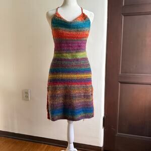 HANDMADE CROCHET Rainbow Stripe Strappy Back Mini Dress Swim Cover up M/L